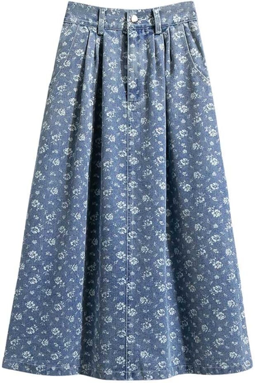 Floral Print Denim High Elastic Waist Pleated Midi Long Jean Skirt w/ Pockets